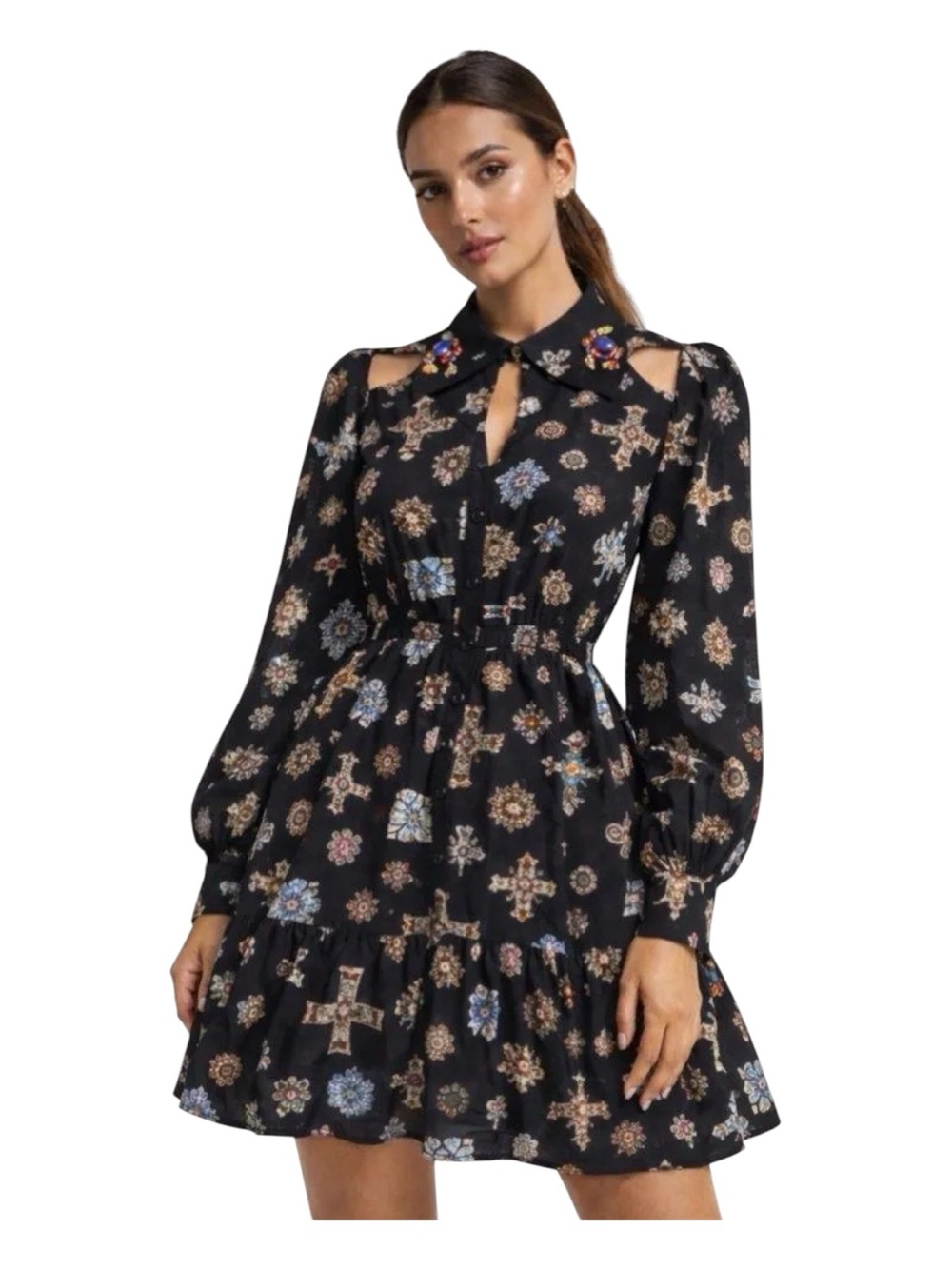NWT Line & Dot Black Jewel Print Rhinestone Collar Long Sleeve Mini Dress Small - Picture 2 of 14